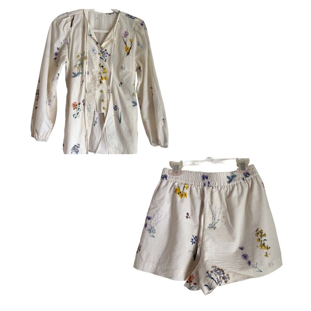 Cream Floral 2 Piece Matching Set Blouse Shorts Cotton Beach Lounge Feminine - M